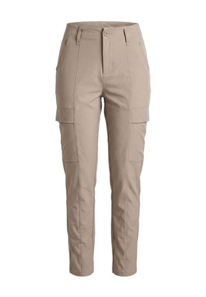 Beige smale bukser med høyt liv, beltestropper, knapp i front, glidelås, sidelommer og sømdetaljer langs bena.