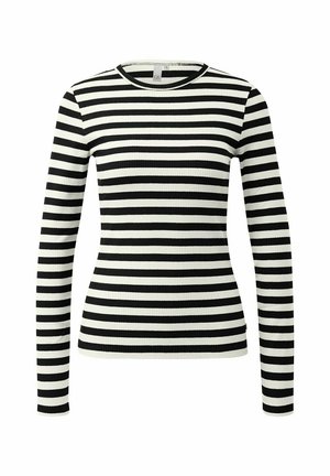 Camisa de manga larga a rayas blanco y negro con textura canalé, escote redondo y diseño ajustado. Sin hardware o acentos visibles.