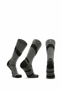 Grå sokker med et tekstureret design, sorte accentuer, forstærkede hæle og en ribbet manchet. Mønstrene inkluderer diagonale striber og net.