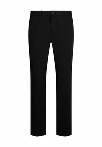 Pantalones de algodón negros con un diseño de pierna recta, que cuentan con un cierre de botón, cinco bolsillos y detalles de costura mínimos.