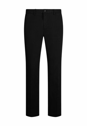 Sorte bomuldsbukser med lige ben-design, der har knaplukning, fem lommer og minimale syninger.