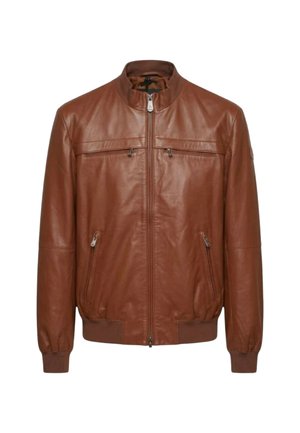 Braune Lederjacke mit Frontreißverschluss, zwei Reißverschlusstaschen auf der Brust und zwei Reißverschlusstaschen an den Seiten, gerippte Bündchen und Saum.