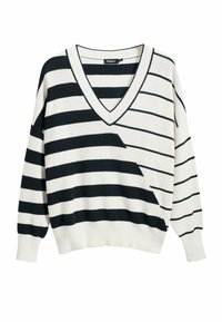 Maglione a V a righe con alternate righe orizzontali blu navy e crema, texture a maglia morbida e vestibilità rilassata con maniche lunghe.