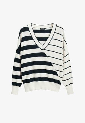 Stribet V-hals sweater med skiftende marineblå og creme horisontale striber, blød strikstruktur og afslappet pasform med lange ærmer.