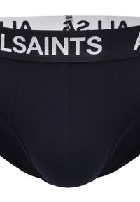 Black cotton briefs featuring a white elastic waistband with "ALLSAINTS" logo. The design includes a snug fit and smooth texture.