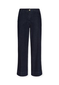 Pantalones de mezclilla de pierna recta en azul oscuro con cintura alta, cierre frontal de botón, trabillas para cinturón y costuras frontales visibles.