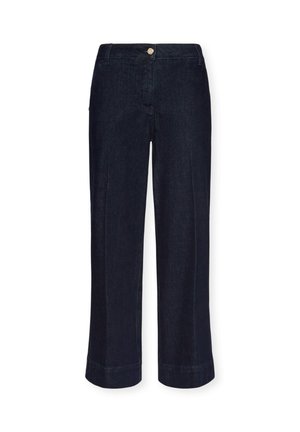 Pantaloni in denim blu scuro a gamba dritta con vita alta, chiusura frontale con bottone, passanti per la cintura e cuciture frontali in evidenza.
