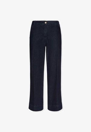 Pantaloni in denim blu scuro a gamba dritta con vita alta, chiusura frontale con bottone, passanti per la cintura e cuciture frontali in evidenza.