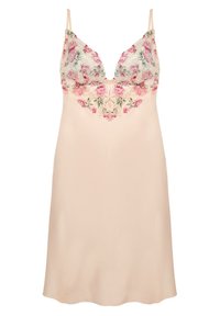 Nattlinne i ljusbeige tyg, med blomsterbladsdetaljer i rosa och grönt på toppen, justerbara band och v-ringad design.