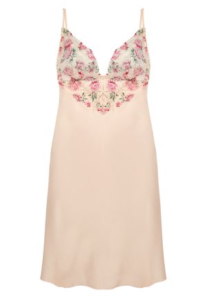 Nachtjapon van lingerie in lichtbeige stof, voorzien van bloemenkantdetails aan de bovenkant in roze en groen, verstelbare bandjes en een v-hals ontwerp.