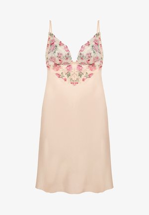 Camisón de lencería en tela de color beige claro, con detalles de encaje floral en la parte superior en rosa y verde, tirantes ajustables y un diseño de escote en V.