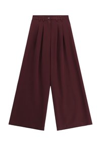 Pantaloni ampi color bordeaux con vita alta, pieghe frontali e chiusura con bottone. Realizzati in tessuto liscio, hanno una silhouette ampia.
