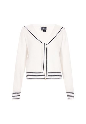 Cárdigan de punto blanco con escote en V y cuello de marinero. Presenta rayas marinas en los puños y el dobladillo, con un cierre de lazo en la parte frontal.