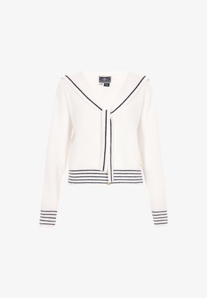 Witte gebreide cardigan met een V-hals en zeilercollier. Heeft marineblauwe strepen bij de manchetten en de zoom, met een striksluiting aan de voorkant.