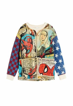 Langarmshirt mit Spider-Man-Comic-Panels auf der Vorderseite und ungleichfarbigen Ärmeln; linker Ärmel rot-blau kariert, rechter Ärmel blau mit weißen Sternen.