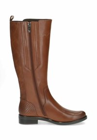 Botte en cuir marron jusqu'au genou avec une fermeture éclair sur le côté, accents texturés en motif serpent et un petit talon carré. Lignes épurées et finition lisse.