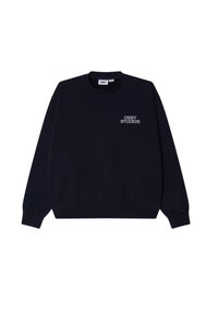 Felpa di un blu scuro realizzata in cotone, con scollatura a girocollo, polsini e orlo a coste, e logo "OBEY STUDIOS" in bianco sul lato sinistro del petto.