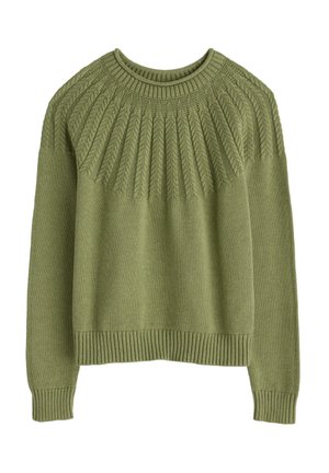Green knitted sweater featuring a ribbed crew neck, textured yoke with raised leaf patterns, and ribbed cuffs and hem.