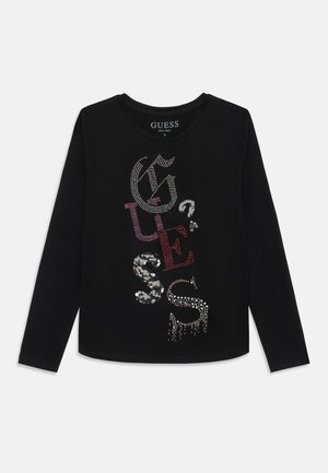 Schwarzes langärmliges T-Shirt mit glänzender, strukturierter Typografie in roten, silbernen und pinken Pailletten und Strasssteinen. Rundhalsausschnitt, lässige Passform.