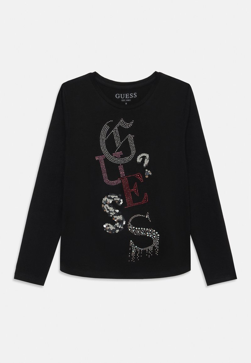 T-shirt preta de mangas longas com tipografia texturizada brilhante em lantejoulas vermelhas, prateadas e cor-de-rosa, além de strass. Decote redondo, ajuste casual.