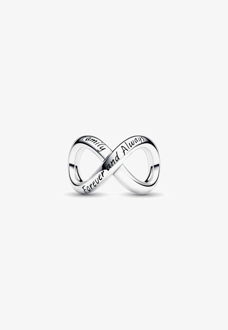 Sterling silver infinity ring featuring engraved text: "Family" and "Forever and Always." Smooth surface with a polished finish.