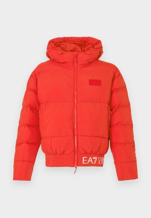 Red puffer jacket with a drawstring hood, front zipper, elastic cuffs, and hem. Features EA7 logo on the waistband. Smooth, shiny texture.