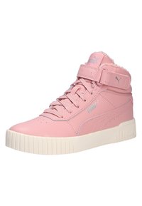 Hoogtop roze sneakers met een textuurleer bovenkant, gevoerde kraag, vetersluiting en klittenbandsluiting. Crème rubberen zool met ribbeldetail.
