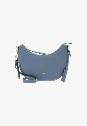 Blue leather shoulder bag with a crescent shape, gold hardware, adjustable strap, and a tag. Smooth texture with minimal detailing.