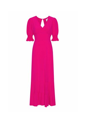 Robe longue rose vif à manches courtes bouffantes, décolleté en V, taille cintrée et ourlet volanté.