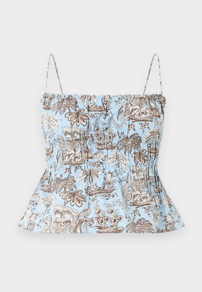 Haut bleu clair sans manches avec fines bretelles, présentant des motifs tropicaux fleuris marron et blancs ainsi que des palmiers, avec un ourlet légèrement évasé.