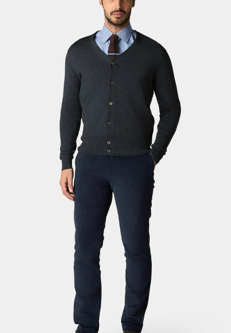 Ciemnoszary kardigan z dekoltem w serek, z zamknięciem na guziki, z prążkowanymi mankietami, noszony na jasno-niebieskiej koszuli w kratę, połączony z granatowymi spodniami.