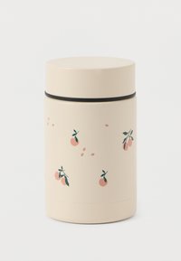 Κρέμ χρώματος θερμός με λείο επιφάνεια, που διαθέτει μικρές απεικονίσεις ροδάκινου και πράσινα φύλλα. Μαύρη ζώνη στον λαιμό.