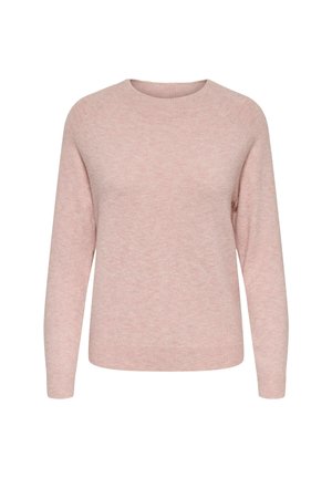 Lys rosa sweater med rund halsudskæring, lange ærmer og ribstrikkede manchetter og kant. Fremstillet af blødt, struktureret stof.