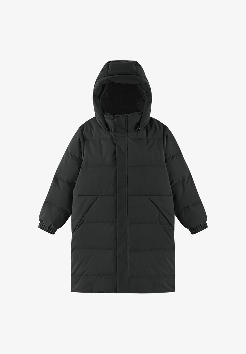 Black padded coat with a hood, featuring a zipper front, elasticated cuffs, and two large side pockets. Smooth, water-resistant fabric.