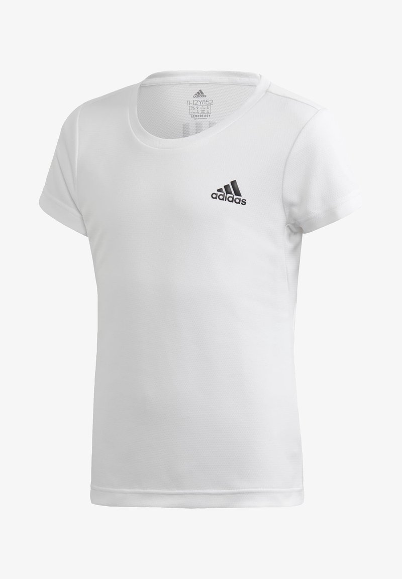 T-shirt de sport blanc à manches courtes en tissu texturé avec un col rond, comportant un logo Adidas noir sur le côté supérieur gauche.