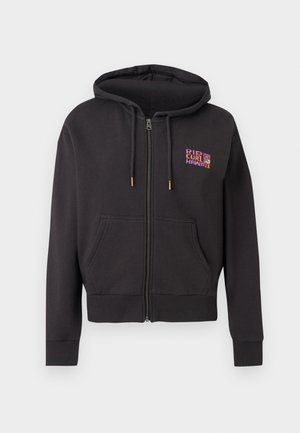 Černá mikina na zip s kapsami vpředu, kapucí na stahování a malým barevným logem "Rip Curl Hawaii" na horní levé straně hrudi.