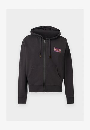 Czarna bluza rozpinana z kapturem, przednimi kieszeniami, kapturem ze sznurkiem oraz małym kolorowym logo "Rip Curl Hawaii" na górnej lewej części klatki piersiowej.
