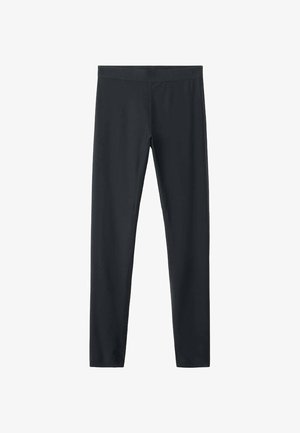 Černé legíny vyrobené z elastické tkaniny. Hladký povrch, žádné viditelné vzory, vysoký pas, přiléhavý střih, dlouhá délka.