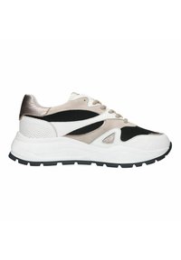 Sneakers in white, black, and pale gold; mesh and leather materials; chunky white sole; perforated accents; round toe; lace-up design.