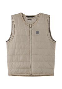 Veste sans manches matelassée beige avec fermeture éclair à l'avant, petit logo sur la poitrine et col rond, conçue pour enfants taille 104/4 ans.