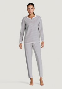 Gestreiftes Pyjama-Set mit langen Ärmeln in Marineblau und Weiß, mit einem geknöpften Henley-Ausschnitt und geraden Beinhosen mit elastischem Bund.