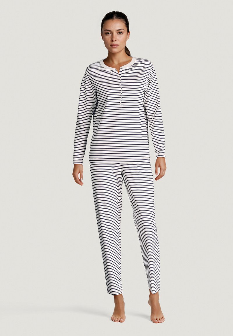 Gestreiftes Pyjama-Set mit langen Ärmeln in Marineblau und Weiß, mit einem geknöpften Henley-Ausschnitt und geraden Beinhosen mit elastischem Bund.