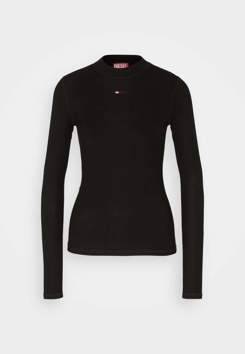 Schwarzes Langarmshirt aus geripptem Stoff, mit Rundhalsausschnitt und einem kleinen roten Diesel-Logo auf der Brust.