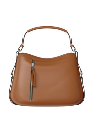 Brown leather shoulder bag with curved top, vertical zip pocket on front, and detachable strap with metal clasps.