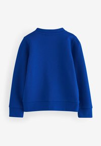 Plava dukserica s okruglim izrezom, dugim rukavima i rebrastim manžetama. Glatka tekstura tkanine bez vidljivih uzoraka ili ukrasa.