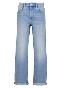 Jeans in denim azzurro chiaro con vita alta, design a gamba dritta, orli piegati e cuciture visibili. Presentano un classico stile a cinque tasche.