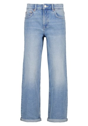 Jeans de mezclilla de color azul claro con cintura alta, diseño de pierna recta, puños doblados y costuras visibles. Presentan un estilo clásico de cinco bolsillos.