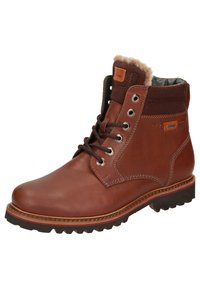 Braune Leder Schnürstiefel mit einem gefütterten Kragen aus Fell, silbernen Ösen und einer strukturierten Gummisohle. Mit gestickten Akzenten und einem Logo-Patch.