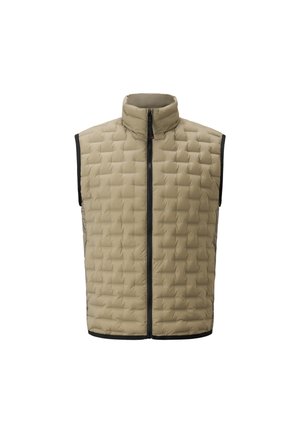 Gilet beige rembourré avec un col montant, fermeture éclair sur le devant et bord noir. Présente un motif matelassé et est sans manches.