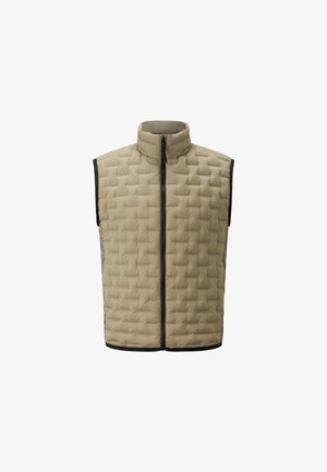 Béžový prošívaný vest s vysokým límcem, předním zipem a černými detaily. Má prošívaný vzor a bezrukávový design.